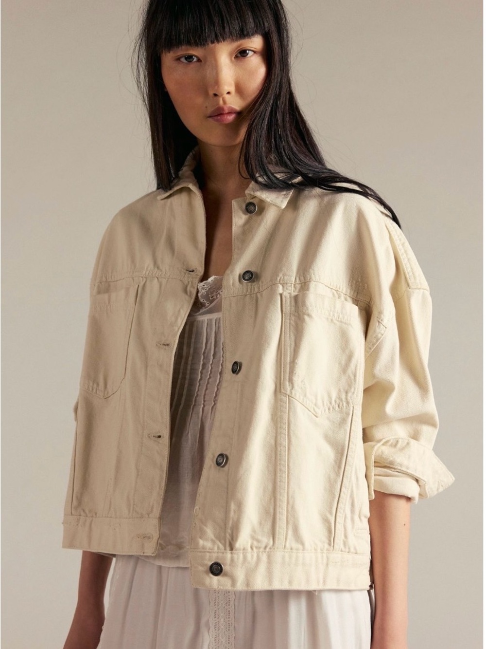 Free People Cream Oversized Button-Up Jean Jacket